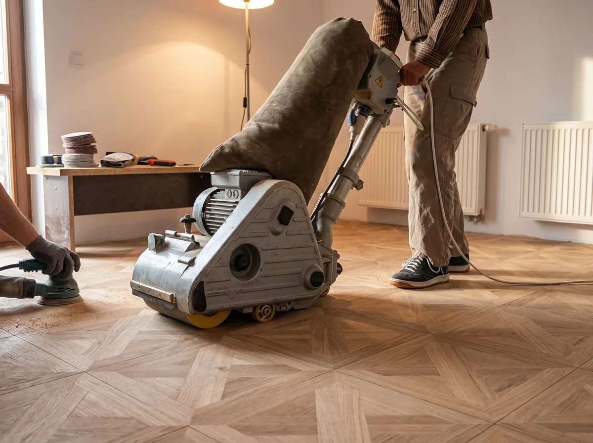 Drum floor sander stripping the old wear layer from a wood floor during a sand and refinish job