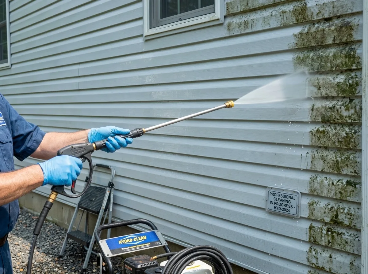 Pressure washer spraying vinyl siding, showing the cleaned surface next to algae and grime still to be removed